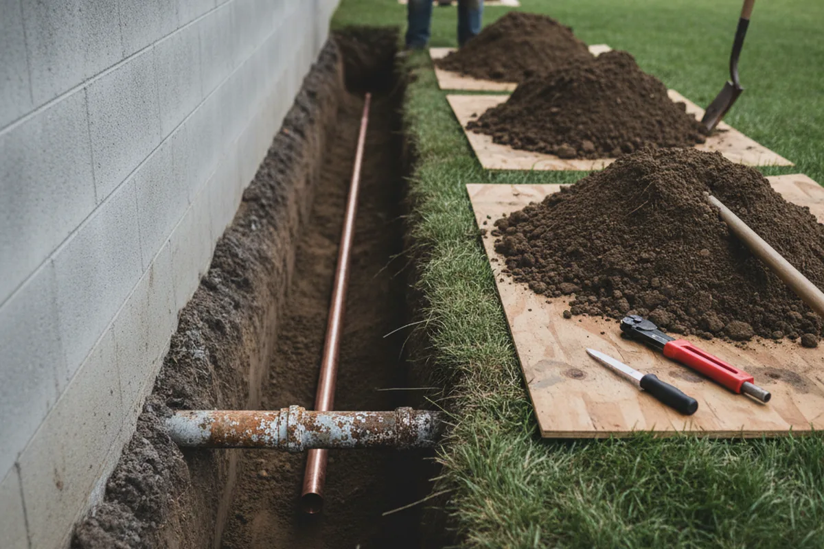 Excavated water line trench during Water Softener Installation in Whitwell